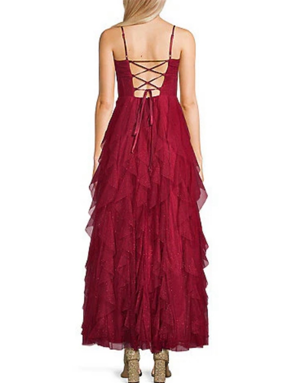Backless Burgundy Ruffle Tulle Evening Dress with Lace-Up Back